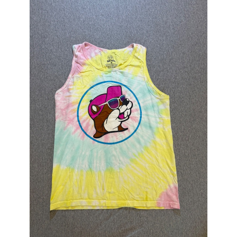 Buc-ee's Tie Dye Tank Top Mens Medium Yellow Pink Blue Beaver Mascot Graphic Tee